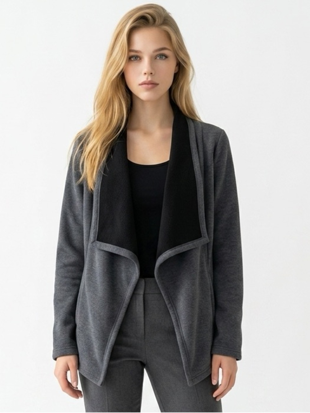 Chicos Womens Size‎ 1 Small Open Front Waterfall Cardigan Gray Black Long Sleeve